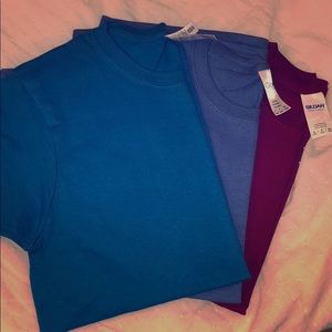 Three Gildan cotton t shirts in turqpise, blue red